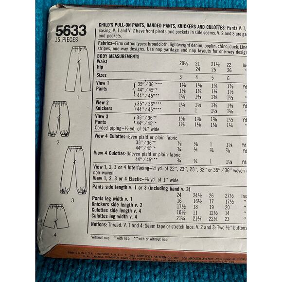 Simplicity sewing pattern  5633 girls pants knickers culottes - Picture 4 of 5